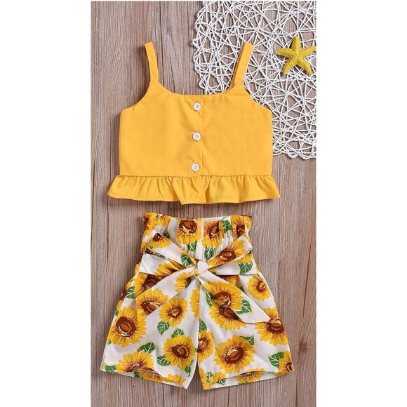 Girl's outfit Sleeveless Toddler Top+ Sunflower Ruffle shorts yellow size XS 5-6 - Picture 1 of 12